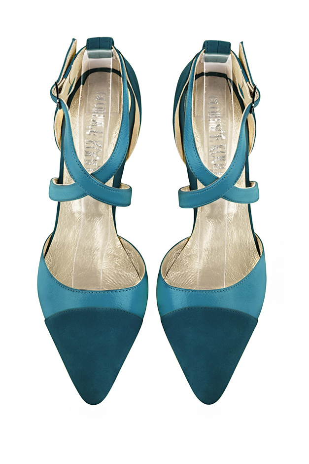 Peacock blue women's open side shoes, with crossed straps. Tapered toe. Medium comma heels. Top view - Florence KOOIJMAN